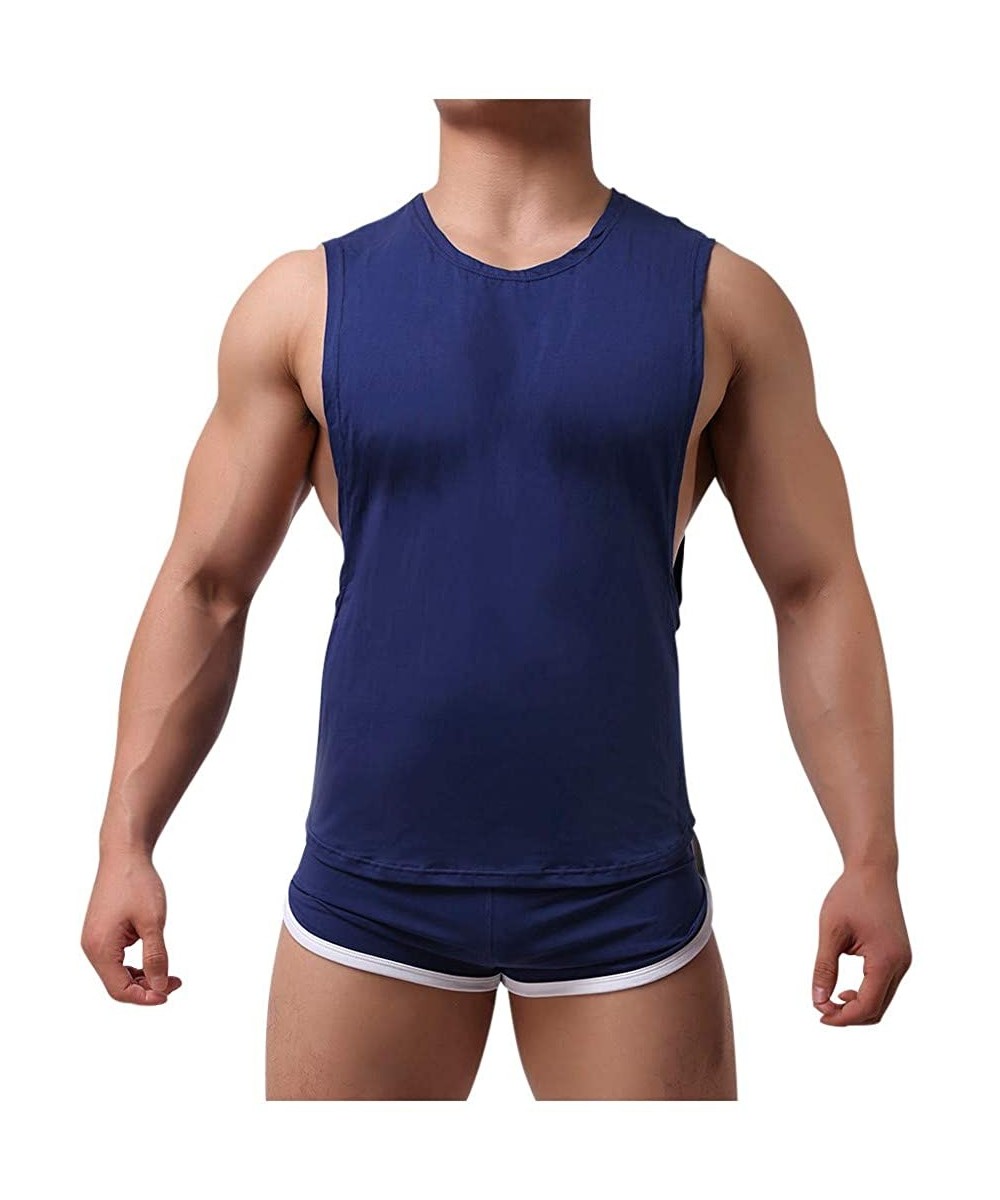 Sleep Sets Mens Slim Fit Sleeveless Color Combination Lightweight Vest Casual Pajama Set Tank Top and Shorts Set - Blue - C91...