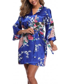 Robes Womens Peacock Pattern Robes Satin Short Loungewear Nightwear Dressing Gown - Royal Blue - CB198Q4G7Q8