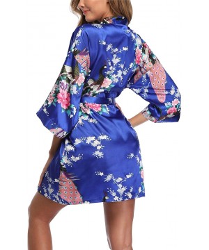 Robes Womens Peacock Pattern Robes Satin Short Loungewear Nightwear Dressing Gown - Royal Blue - CB198Q4G7Q8