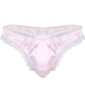 G-Strings & Thongs Mens Sissy Shiny Satin Low Rise Ruffle Lace Polka Dots Bikini G-String Thong Crossdress Underwear - Pink -...