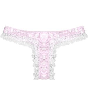 G-Strings & Thongs Mens Sissy Shiny Satin Low Rise Ruffle Lace Polka Dots Bikini G-String Thong Crossdress Underwear - Pink -...