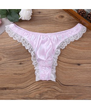 G-Strings & Thongs Mens Sissy Shiny Satin Low Rise Ruffle Lace Polka Dots Bikini G-String Thong Crossdress Underwear - Pink -...