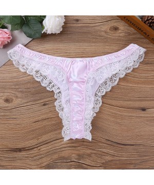 G-Strings & Thongs Mens Sissy Shiny Satin Low Rise Ruffle Lace Polka Dots Bikini G-String Thong Crossdress Underwear - Pink -...