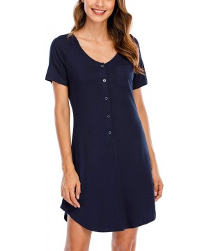 Nightgowns & Sleepshirts Women's Button Down Nightgowns Nightdress Short Sleeve Comfy Boyfriend Sleepshirt - Navy - C419DO0W5HO