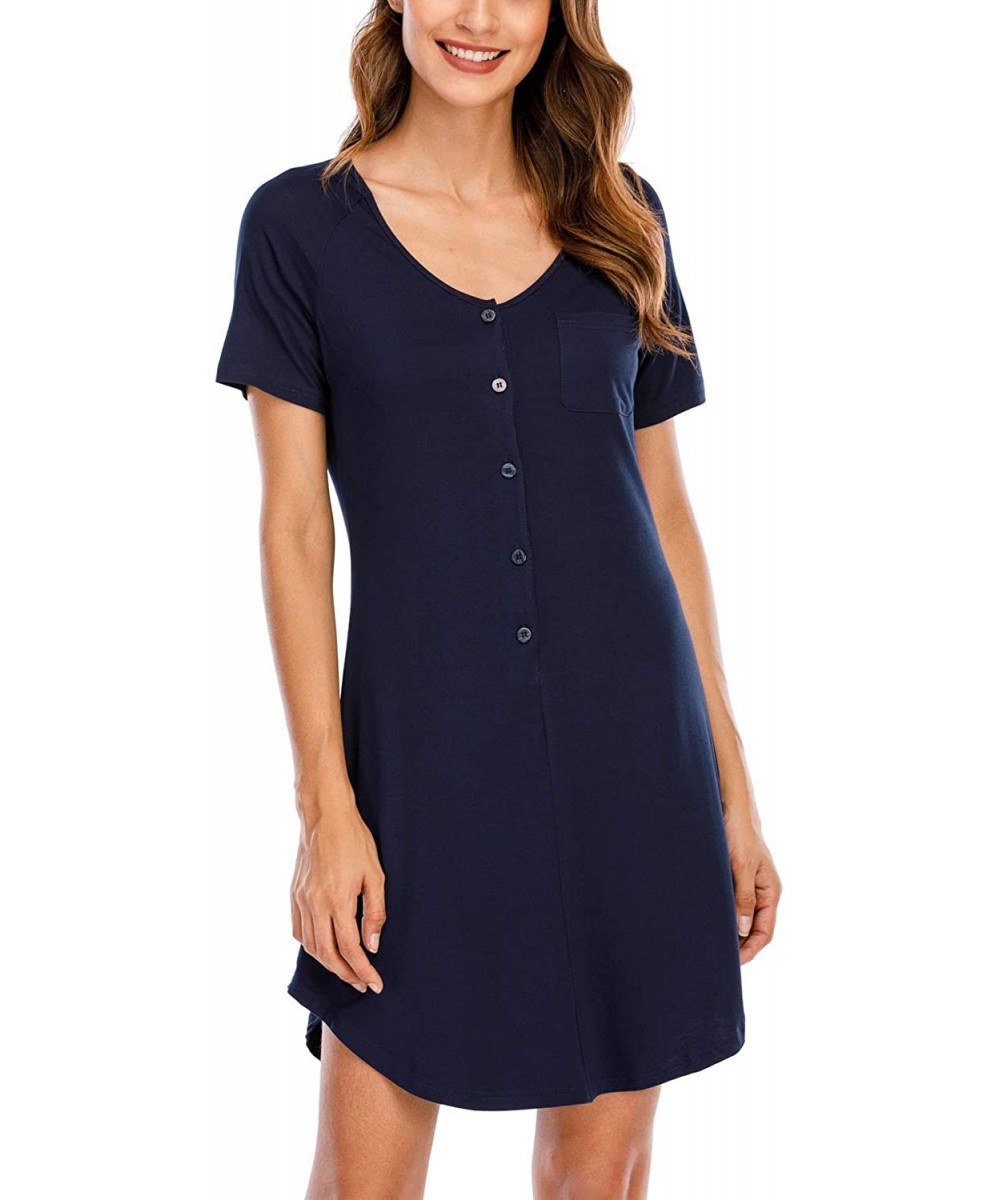 Nightgowns & Sleepshirts Women's Button Down Nightgowns Nightdress Short Sleeve Comfy Boyfriend Sleepshirt - Navy - C419DO0W5HO