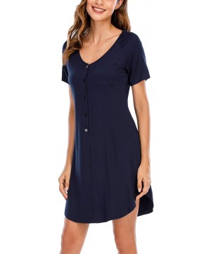 Nightgowns & Sleepshirts Women's Button Down Nightgowns Nightdress Short Sleeve Comfy Boyfriend Sleepshirt - Navy - C419DO0W5HO