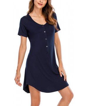 Nightgowns & Sleepshirts Women's Button Down Nightgowns Nightdress Short Sleeve Comfy Boyfriend Sleepshirt - Navy - C419DO0W5HO