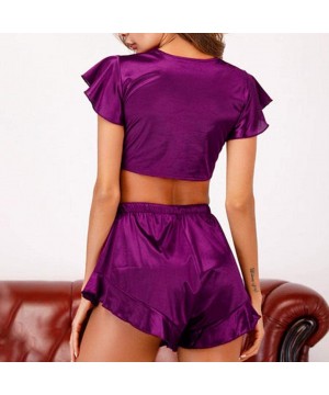 Sets Women's Ruffles Shorts Pajama Set Short Sleeve Bow Tie Sleepwear Nightwear Pjs - Purple - CQ18HKEZ7LW