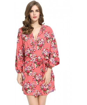 Robes Women Cotton Floral Robes Flower Design Getting Ready for Bride and Bridesmaids - Coral - CI195DWC5RH