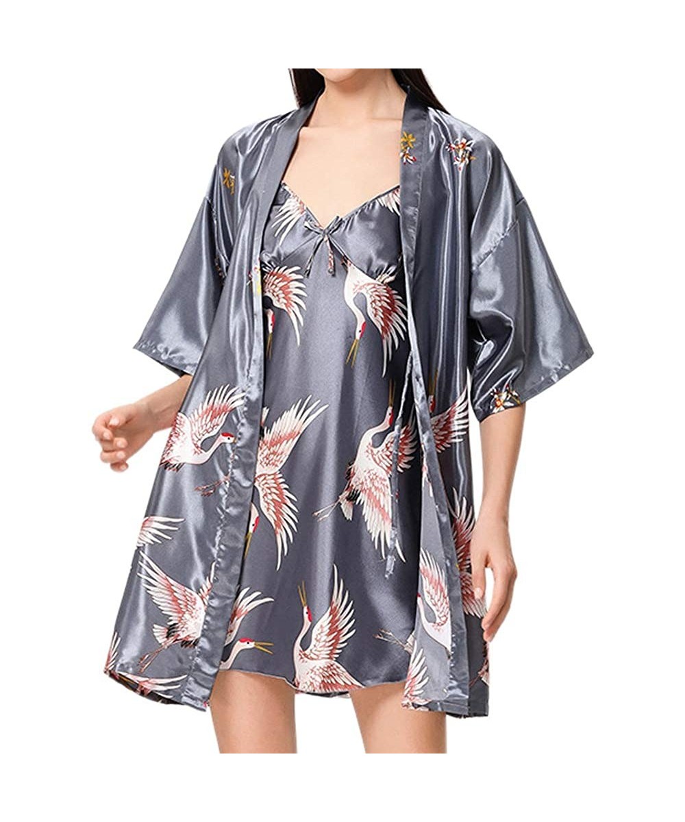 Sets Women's 2 Pieces Short Sexy Satin Kimono Wedding Party Sleepwear Set - Grey - CL198XOATDM