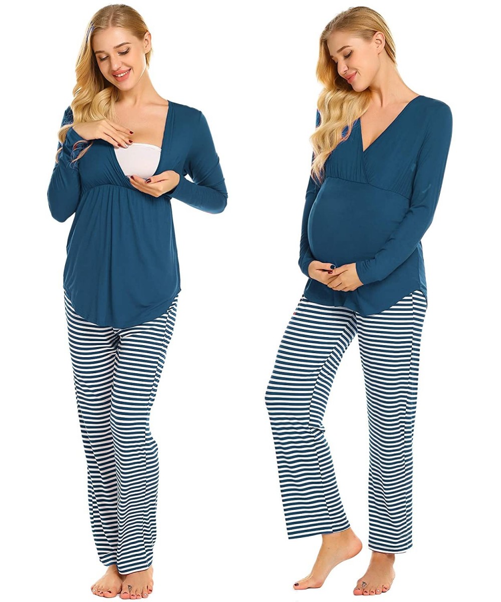 Sets Maternity Nursing Pajama Set Striped Pants Short/Long Sleeve V Neck Breastfeeding Sleepwear Hospital Gown(S-XXL) - Peaco...