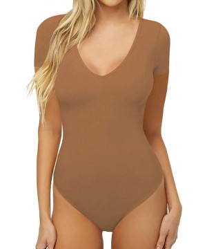 Shapewear Women' Deep V Neck Short Sleeve Basic Shapewear Bodysuits - 02-coffee - C8199COGNXY