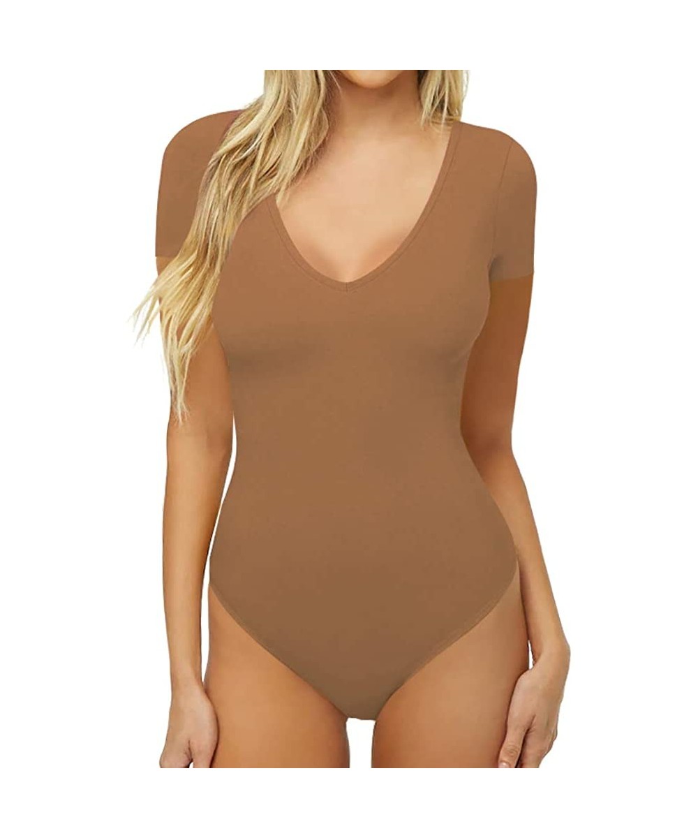 Shapewear Women' Deep V Neck Short Sleeve Basic Shapewear Bodysuits - 02-coffee - C8199COGNXY