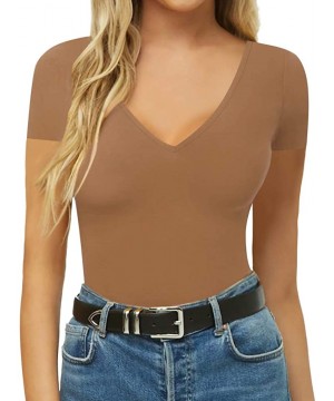 Shapewear Women' Deep V Neck Short Sleeve Basic Shapewear Bodysuits - 02-coffee - C8199COGNXY