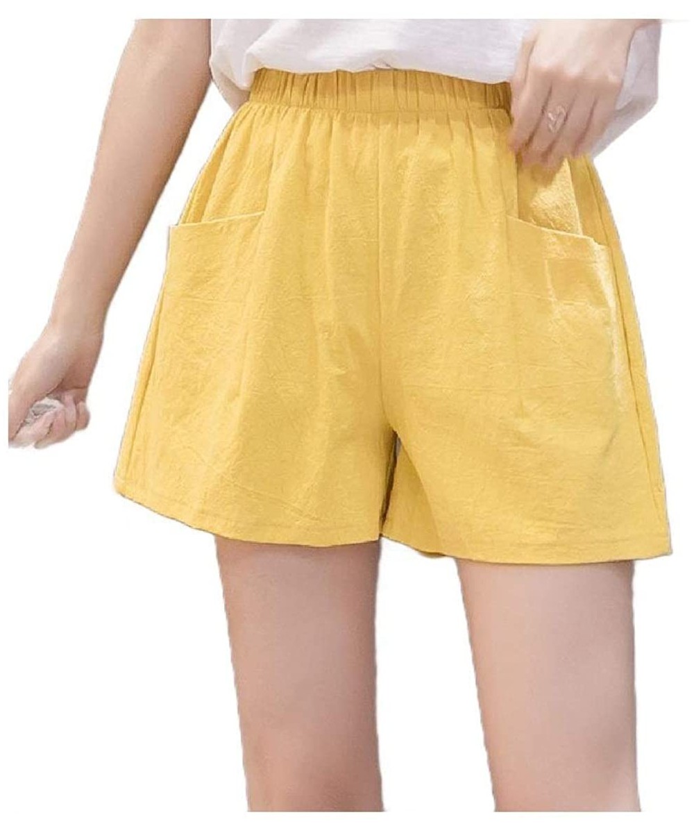 Bottoms Women Lounge Pack Plus-Size Relaxed Cotton Linen 2 Cotton Shorts - Yellow - C219D3D2TEI