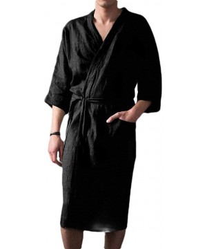 Robes Mens Loungewear Homewear Full-Length Cotton Linen Solid Bathing Robes Pajamas - Black - CO1938U504N