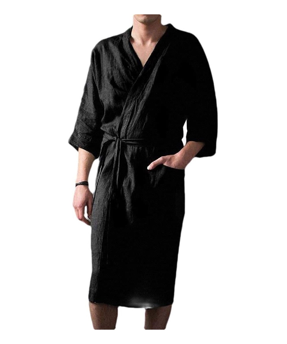 Robes Mens Loungewear Homewear Full-Length Cotton Linen Solid Bathing Robes Pajamas - Black - CO1938U504N