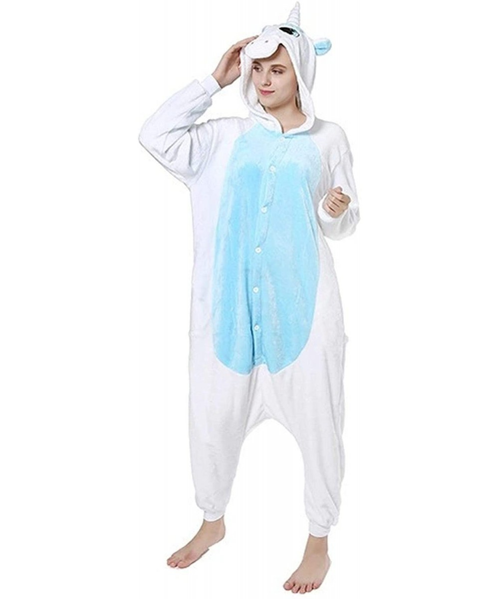 Sets Cartoon One Piece Pajamas Men Women Winter Warm Thick Flannel Sleepwear - Blue Unicorn - CH192658CDU