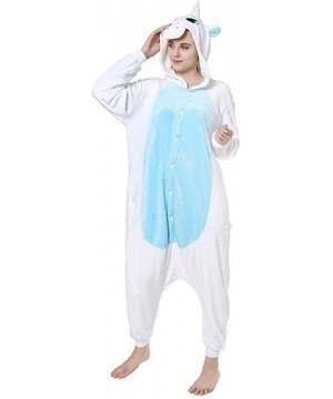 Sets Cartoon One Piece Pajamas Men Women Winter Warm Thick Flannel Sleepwear - Blue Unicorn - CH192658CDU