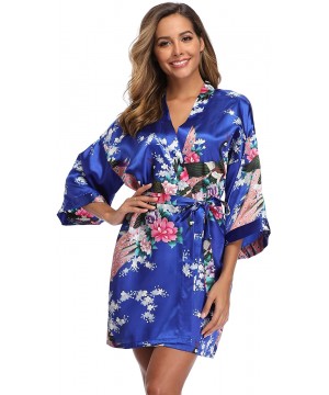 Robes Women's Short Floral Robe Silky Lightweight Sleepwear Satin Bridesmaids Robes for Bridal Party - Sapphire Blue - CX18TQ...