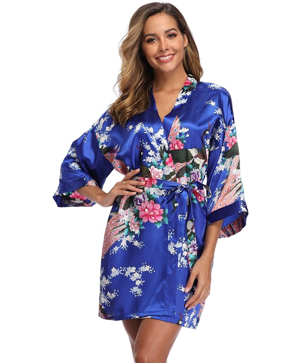 Robes Women's Short Floral Robe Silky Lightweight Sleepwear Satin Bridesmaids Robes for Bridal Party - Sapphire Blue - CX18TQ...