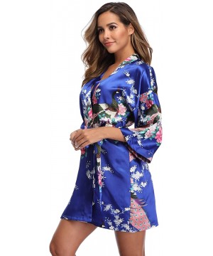 Robes Women's Short Floral Robe Silky Lightweight Sleepwear Satin Bridesmaids Robes for Bridal Party - Sapphire Blue - CX18TQ...