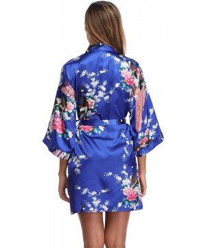 Robes Women's Short Floral Robe Silky Lightweight Sleepwear Satin Bridesmaids Robes for Bridal Party - Sapphire Blue - CX18TQ...