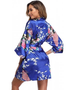 Robes Women's Short Floral Robe Silky Lightweight Sleepwear Satin Bridesmaids Robes for Bridal Party - Sapphire Blue - CX18TQ...