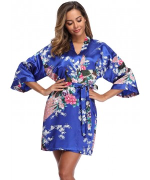 Robes Women's Short Floral Robe Silky Lightweight Sleepwear Satin Bridesmaids Robes for Bridal Party - Sapphire Blue - CX18TQ...