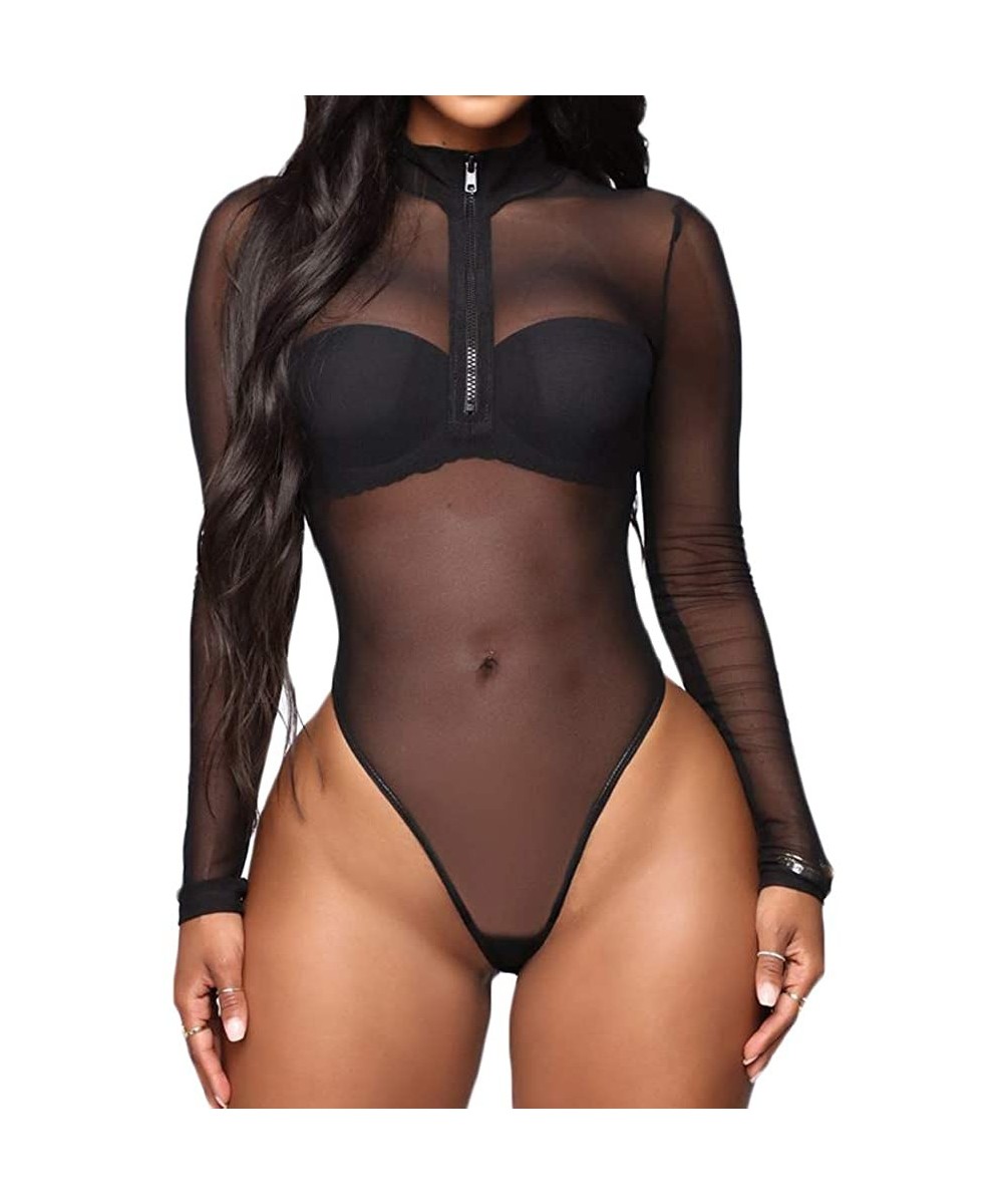 Shapewear Women Sexy Long Sleeve Bodysuit Sheer Mesh See Through Bodycon Jumpsuit Leotard Tops - Black - CI18Y5IE26G