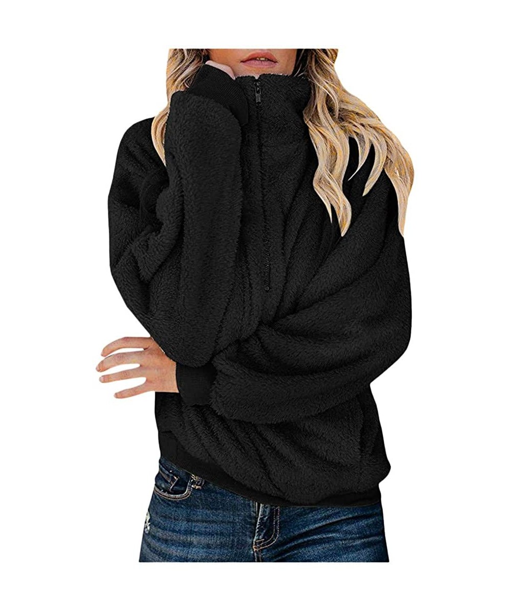 Thermal Underwear Women Warm Fluffy Winter Coat 1/2 Zipper Hoodie- Hooded Sweatshirt Pullover Jumper - Black - CD18XXGSC76