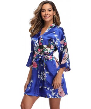 Robes Women's Short Floral Robe Silky Lightweight Sleepwear Satin Bridesmaids Robes for Bridal Party - Sapphire Blue - CX18TQ...