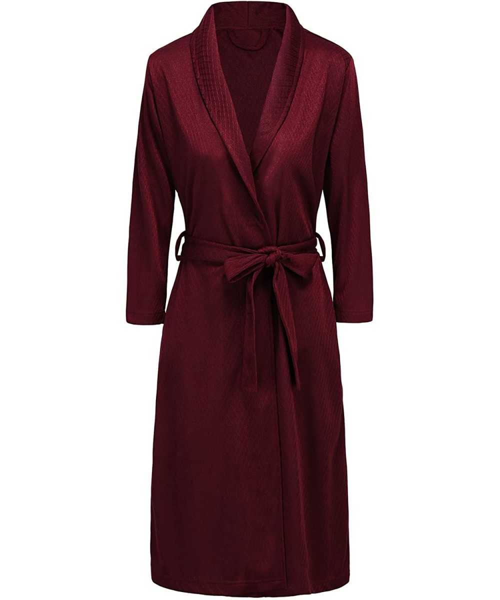 Robes Womens Soft Kimono Bathrobe Dressing Gown Lightweight Knee-Length Hotel Spa Robe - Wine Red - C718NWX52GR