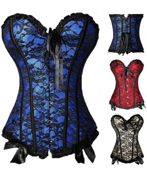 Bustiers & Corsets Women Steampunk Bustiers Brocade Overbust Waist Trainer Corset Top Lace Up Waist Cincher - Black - CK18TML...