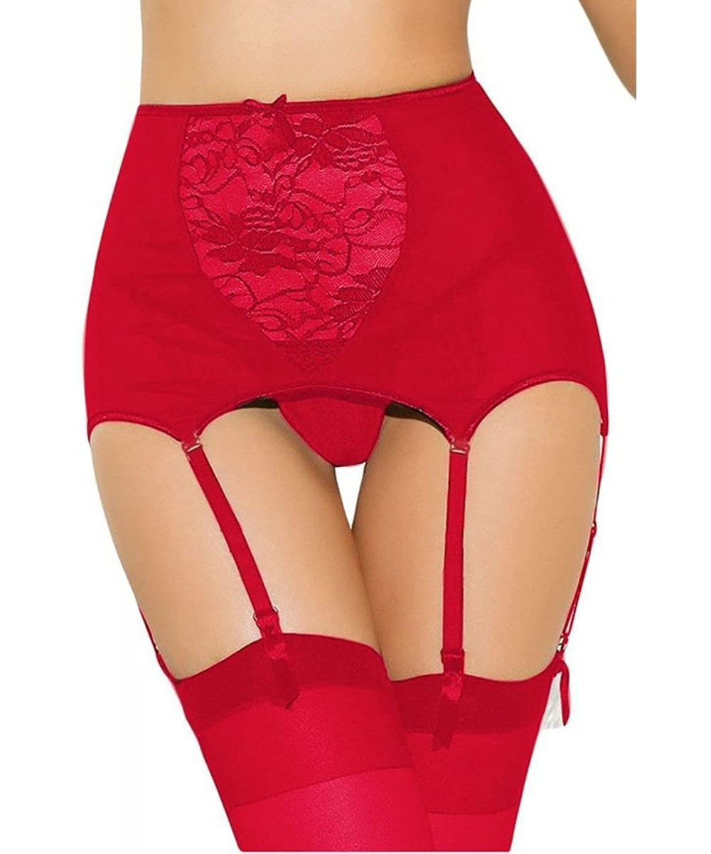 Garters & Garter Belts Women's Sexy High-waisted Hollow-out Lace Garter Belts - Red - CX17Y0MMIZZ