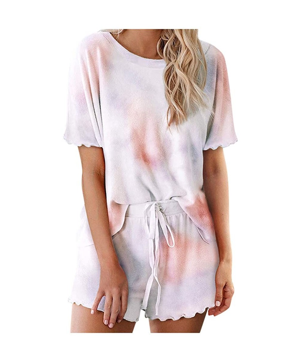 Sets Womens Two Piece Outfit Summer Tie Dyed Short Sleeve Shirt with Shorts Set Casual Lounge Romper Pajama Sets X apink - C9...