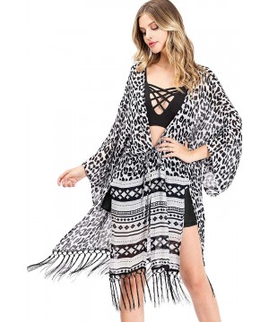 Robes Women's Mix Print Light Layering Robe Kimono Cardigan w/Fringe - White/Black - CB18WYT9USO