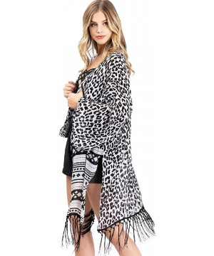 Robes Women's Mix Print Light Layering Robe Kimono Cardigan w/Fringe - White/Black - CB18WYT9USO