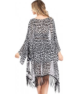 Robes Women's Mix Print Light Layering Robe Kimono Cardigan w/Fringe - White/Black - CB18WYT9USO