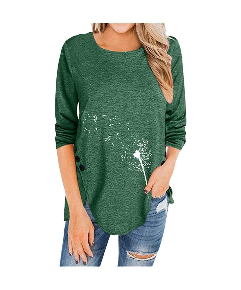 Thermal Underwear Women Plus Size Shirt O-Neck Sunflower Print Pullover Long Sleeves Top Blouse - Green - CU193ZLGU8U