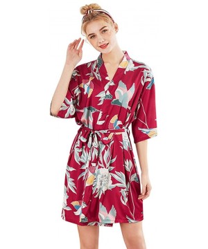 Robes Women's Floral Satin Kimono Short Bridesmaid Robe Dressing Gown Loungewear - Red - CS199S0YKC4