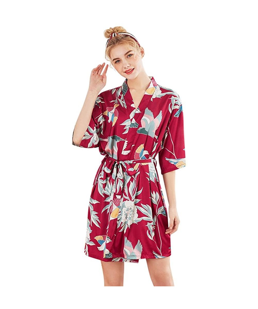 Robes Women's Floral Satin Kimono Short Bridesmaid Robe Dressing Gown Loungewear - Red - CS199S0YKC4