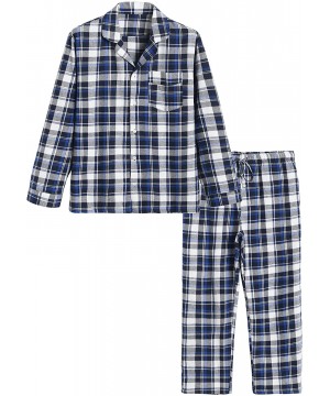 Sleep Sets Men's Cotton Pajama Set Plaid Woven Sleepwear - Blue - CM18KR0ZCTW