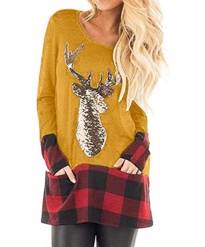 Thermal Underwear Womens Christmas Tops Plaid Splice Hem Reindeer Long Sleeve Cute Tunic Blouse - A-yellow - CC192K8XWLW