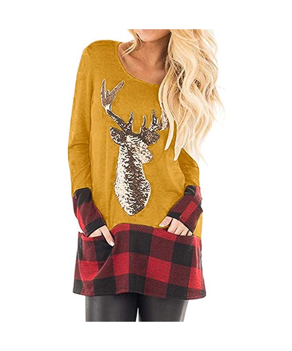 Thermal Underwear Womens Christmas Tops Plaid Splice Hem Reindeer Long Sleeve Cute Tunic Blouse - A-yellow - CC192K8XWLW