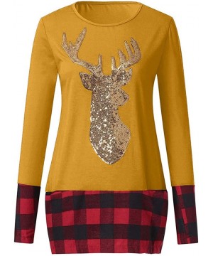 Thermal Underwear Womens Christmas Tops Plaid Splice Hem Reindeer Long Sleeve Cute Tunic Blouse - A-yellow - CC192K8XWLW