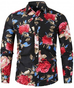 Robes Men's Floral Print Slim Fit Shirt Casual Long Sleeve Button Down Shirts Top Blouse - Black - CG195HUMS4Q