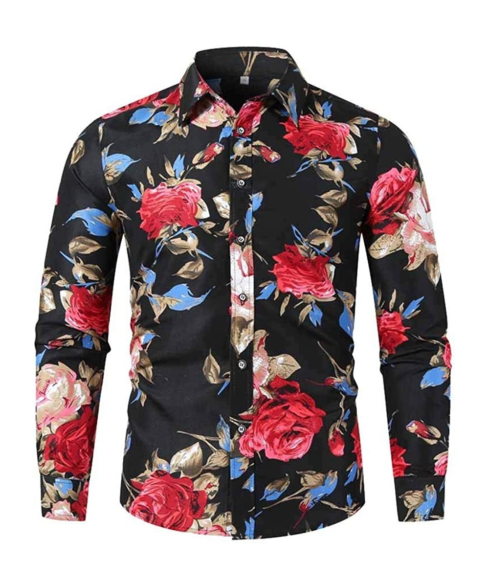 Robes Men's Floral Print Slim Fit Shirt Casual Long Sleeve Button Down Shirts Top Blouse - Black - CG195HUMS4Q