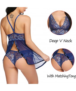 Baby Dolls & Chemises Women's Lingerie Lace Babydoll V Neck Chemise Halter Teddy Strap Sleepwear - Blue - CJ1905QHMI7