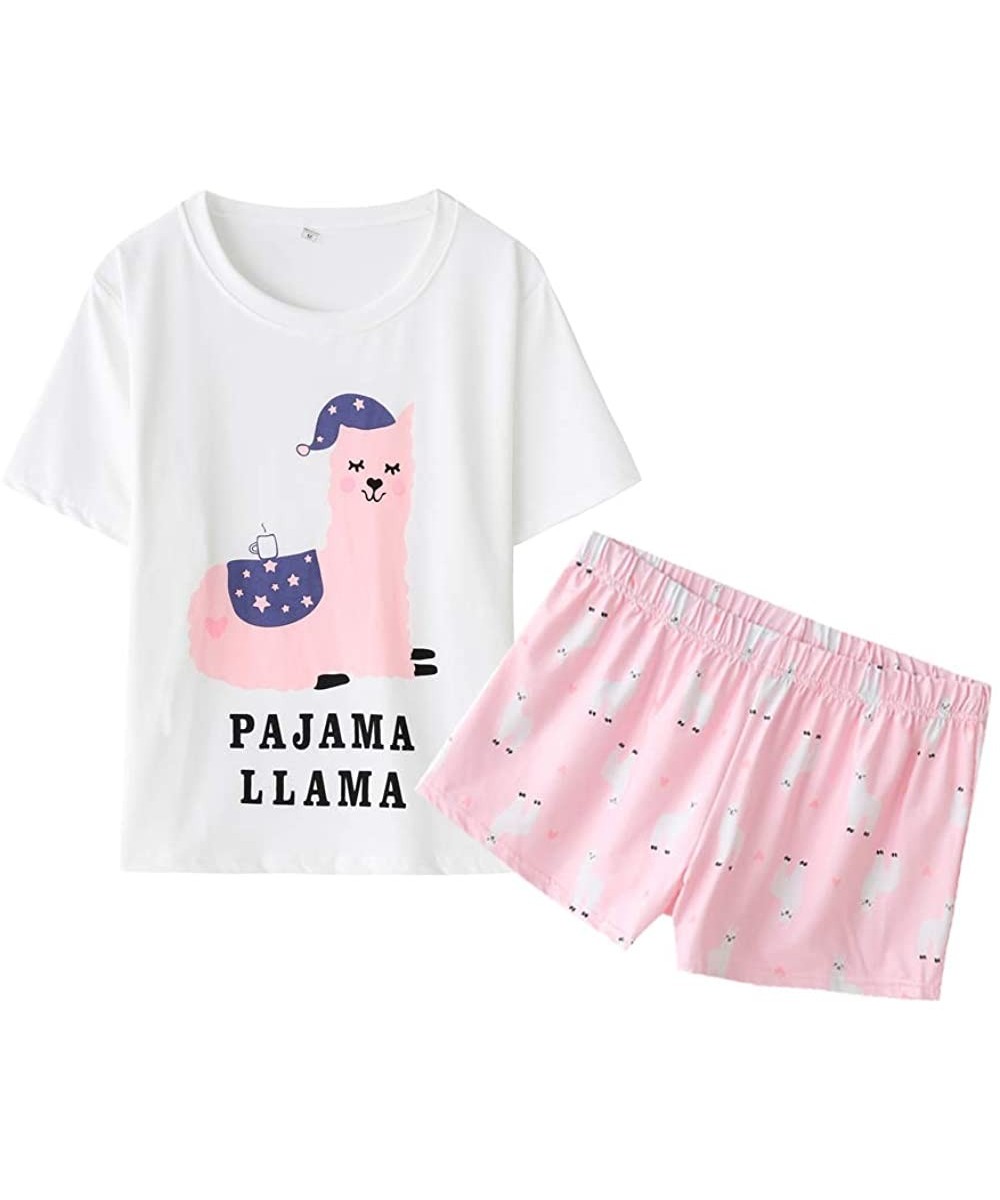 Sets Women Short Sleeve Tee and Shorts Pajama Set Cute Alpaca Print Sleepwear - Pink - C618H8AXNT5